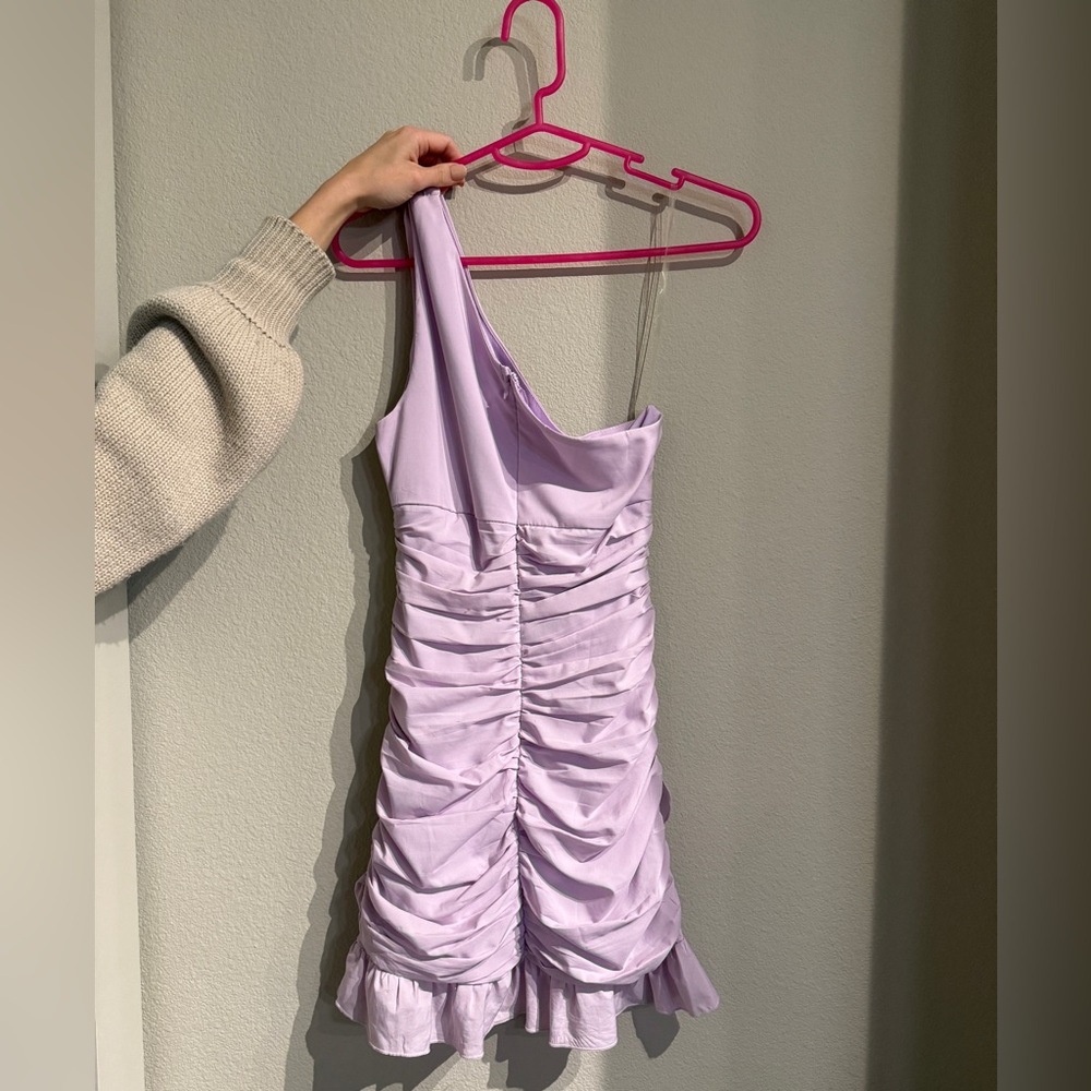 Lavender, one shoulder, ruffled mini dress!